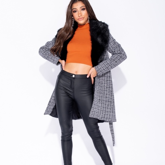 SALE! LAST 1! Plaid Fur Collar Trench Coat Jacket - Picture 6 of 8